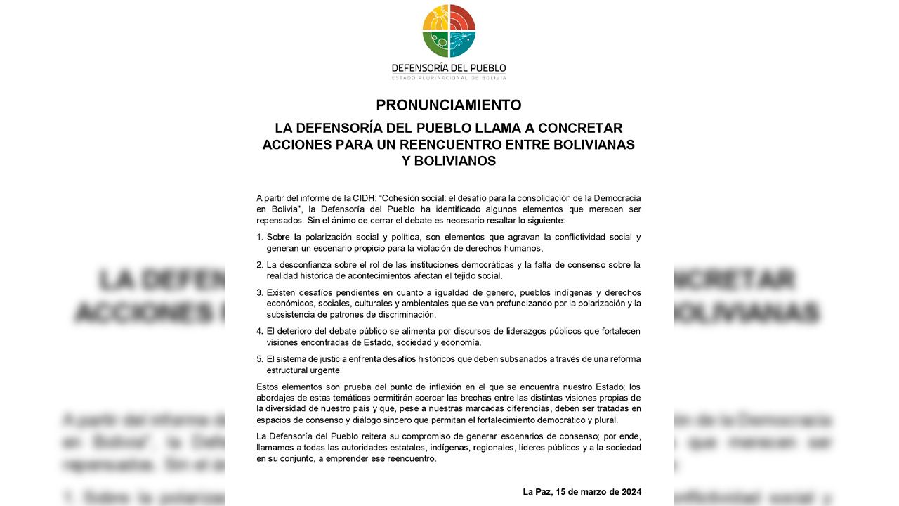 Pronunciamiento de la Defensoría del Pueblo: Llamado a la reconciliación Nacional en Bolivia