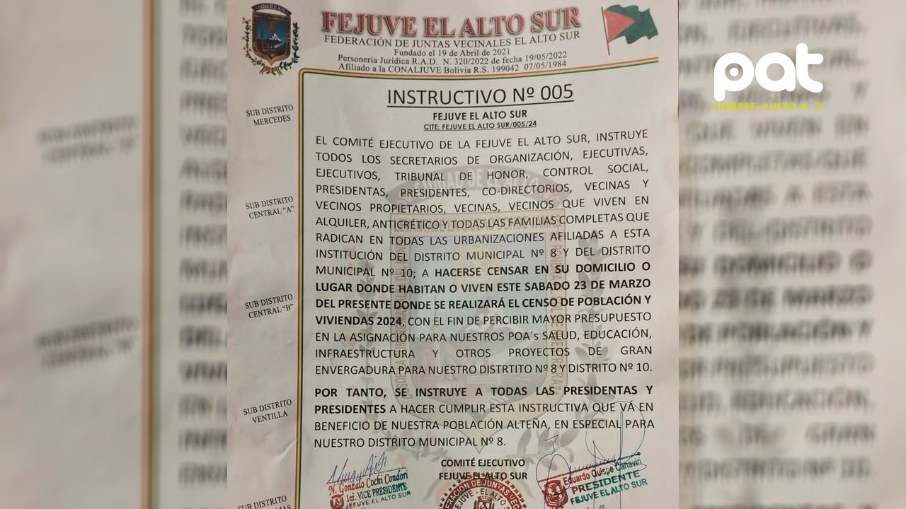 FEJUVE Sur de El Alto convoca a la población a participar en el censo de población y vivienda