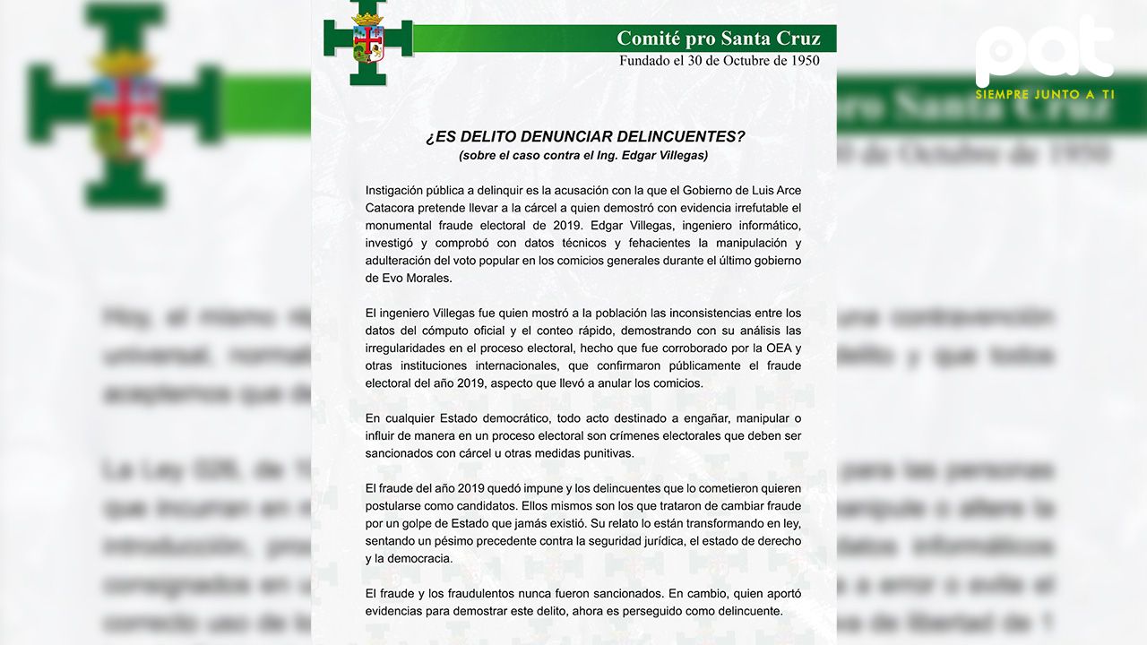 Pronunciamiento del Comité Cívico Pro Santa Cruz sobre la imputación del Ingeniero Edgar Villegas