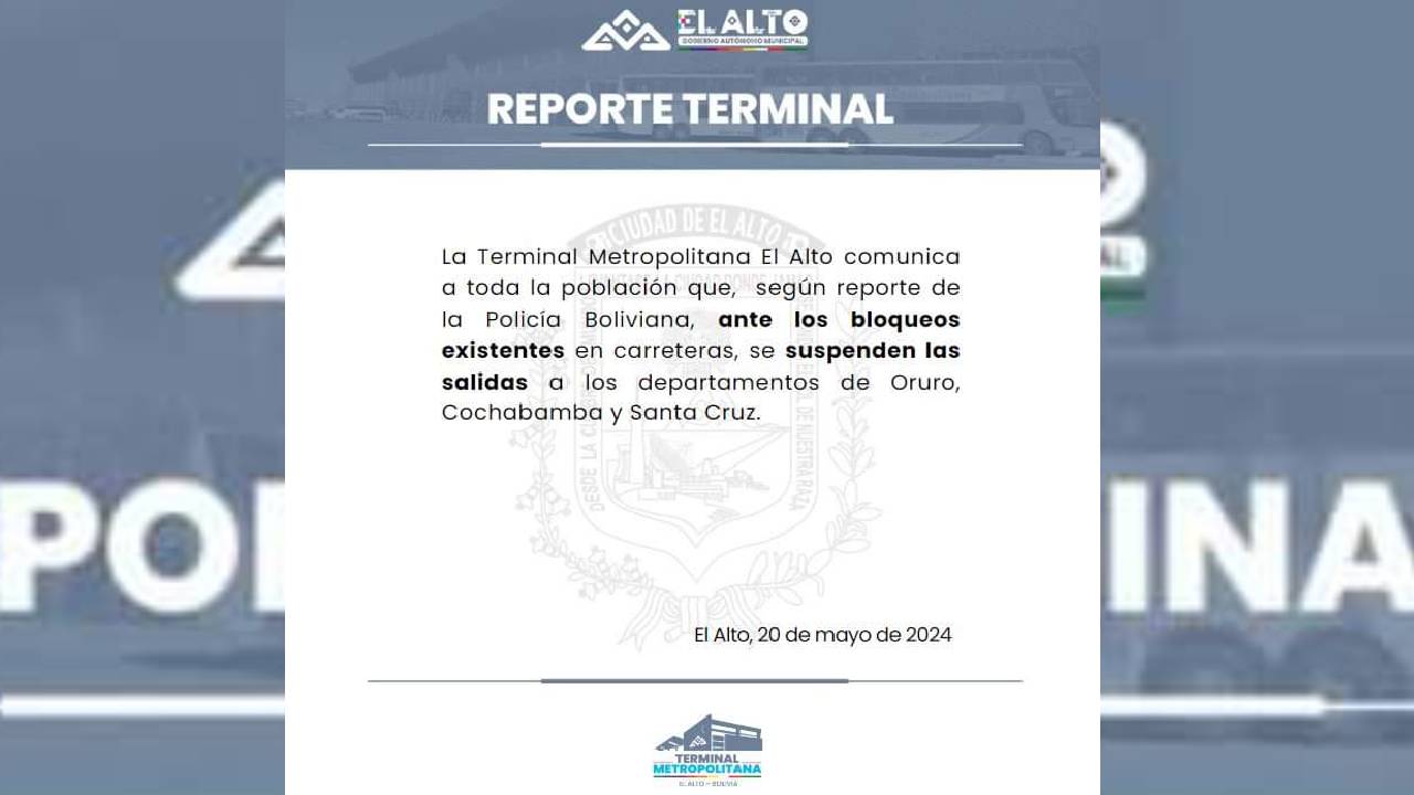 Suspenden salidas a tres departamentos desde la terminal metropolitana de El Alto debido a bloqueos