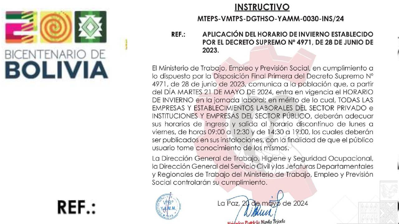 Implementación del Horario de Invierno según el Decreto Supremo N° 4971