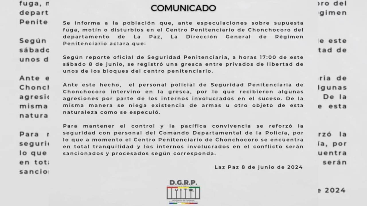 Descartan intento de motín en Chonchocoro; Solo fue una ¨gresca¨ entre internos