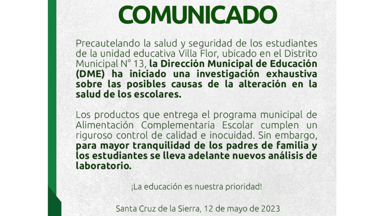Comunicado de la Alcaldía sobre los 24 estudiantes con síntomas de intoxicación