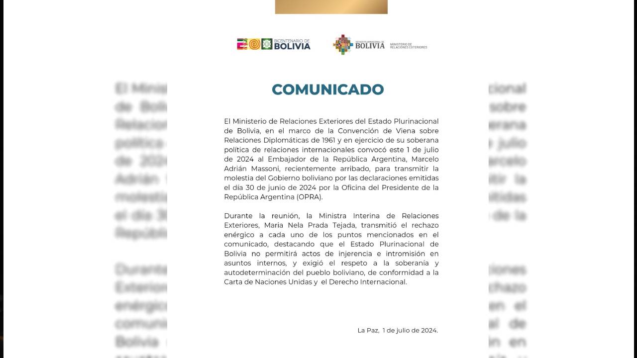  Bolivia convoca al embajador argentino por declaraciones de la oficina presidencial de Argentina