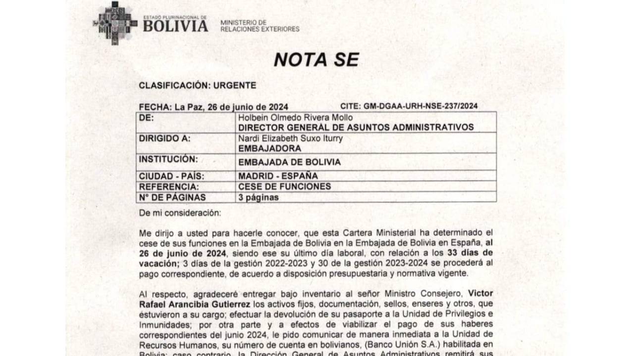 Arce ordena destitución de embajadora Suxo tras respaldo de la comunidad boliviana en España a Evo