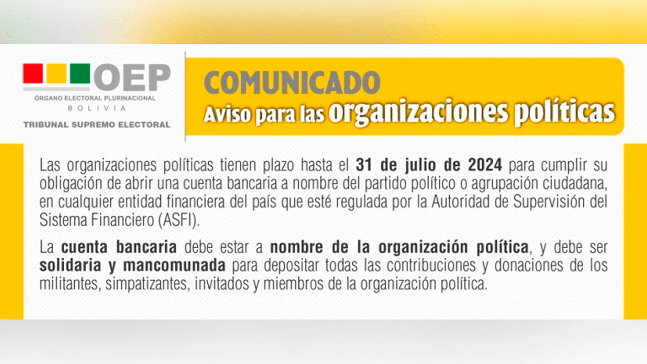 Plazo final para la apertura de cuentas bancarias de partidos políticos