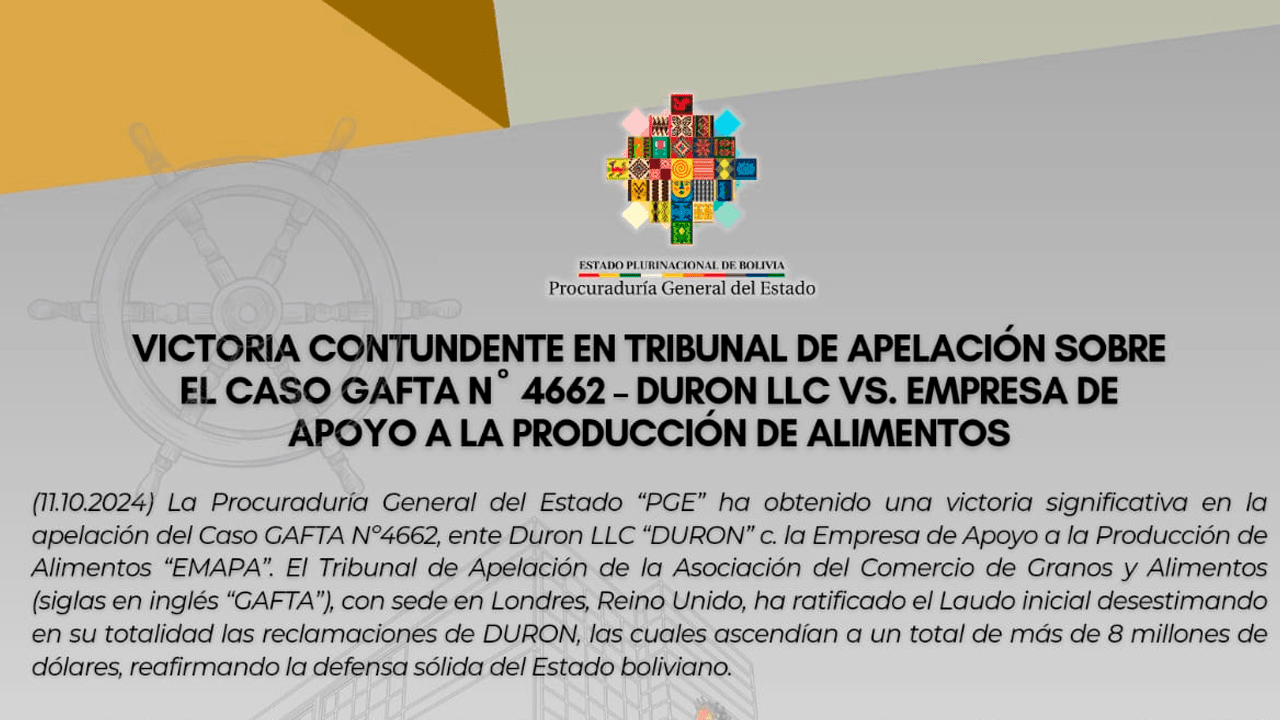 Bolivia gana apelación en caso GAFTA 4662 contra Duron LLC