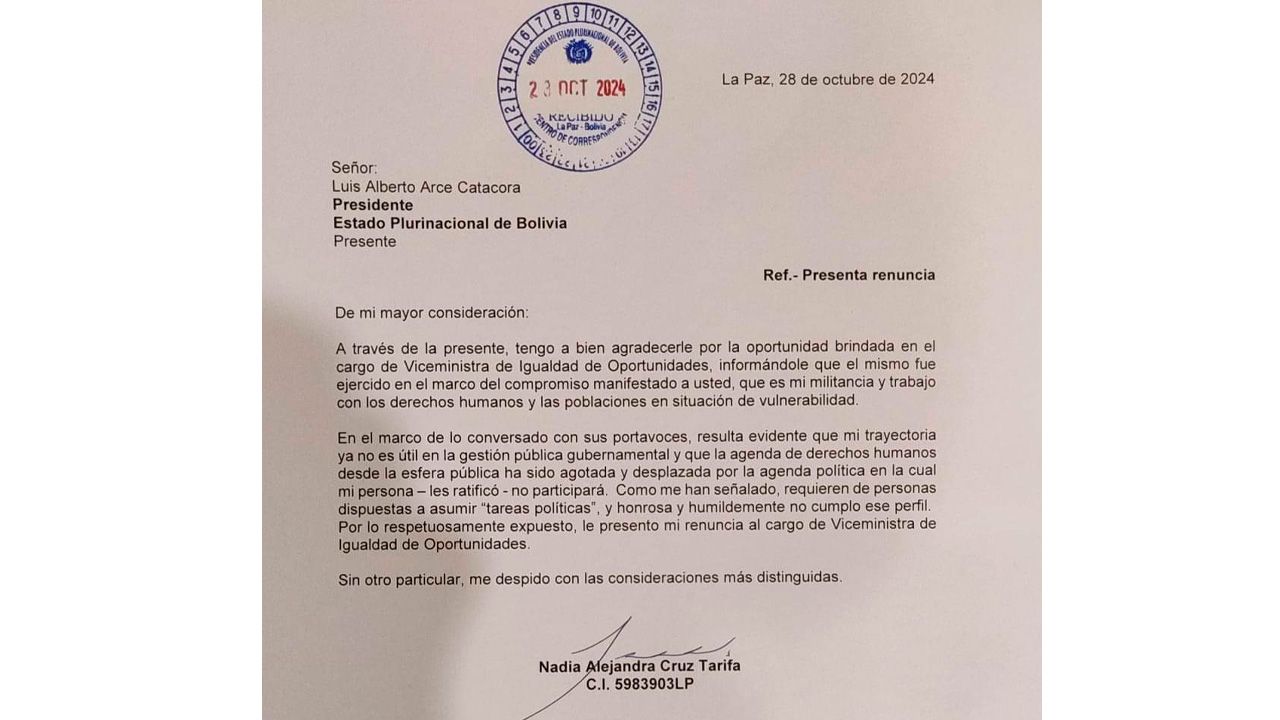 Nadia Cruz renuncia al Viceministerio: rechaza agenda política del gobierno