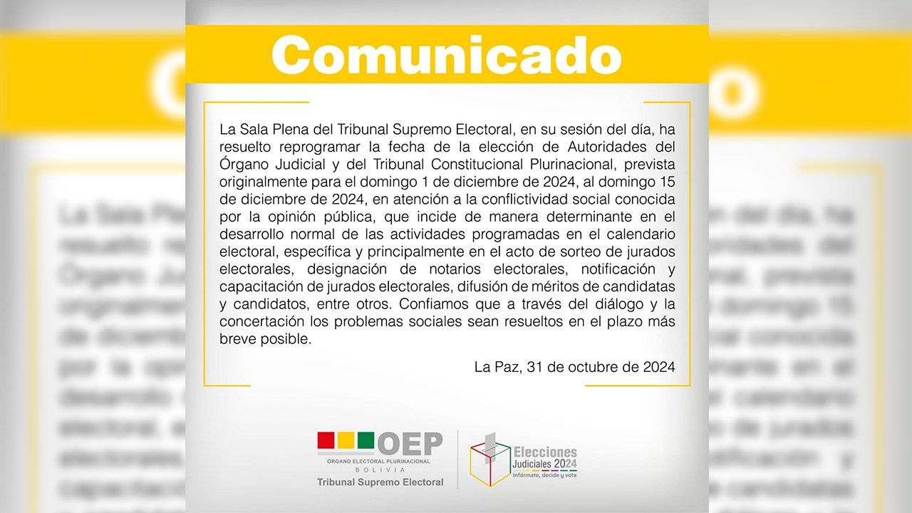 TSE reprograma elecciones judiciales y del Tribunal Constitucional para diciembre de 2024