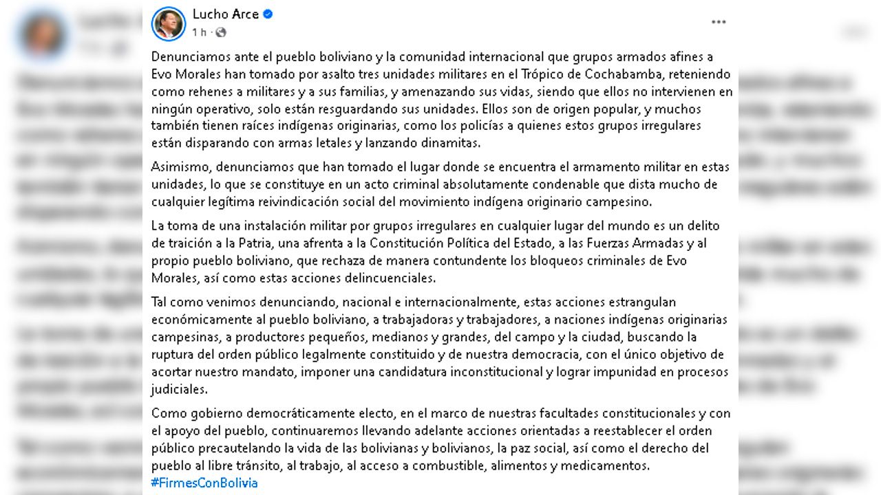 Luis Arce denuncia toma de unidades militares en Cochabamba