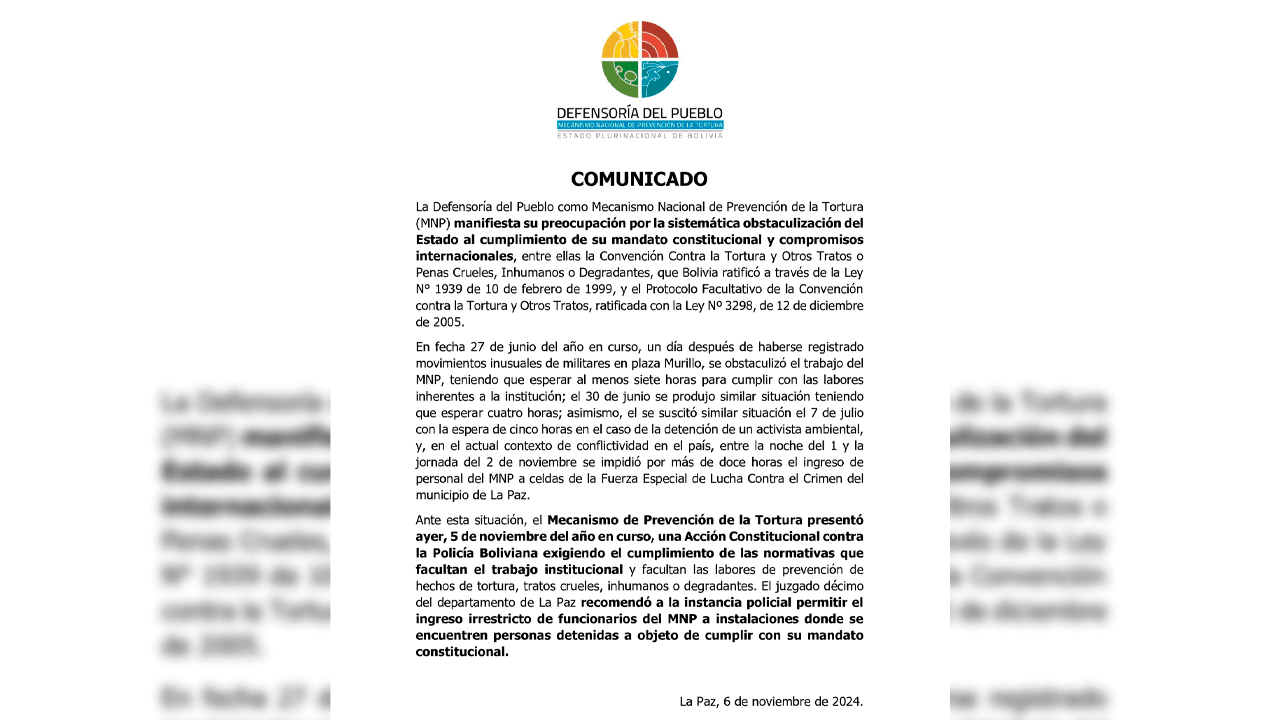 Defensoría del Pueblo denuncia obstáculos al MNP y presenta acción constitucional