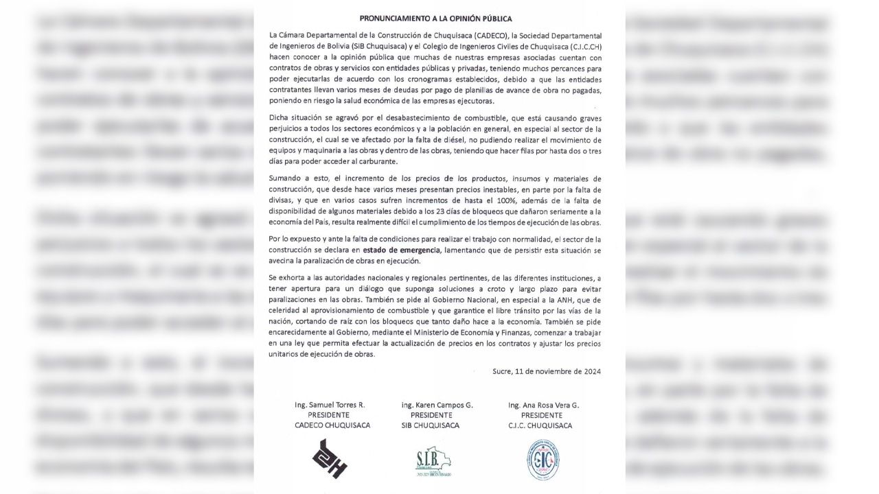 El sector de la construcción en Chuquisaca en "estado de emergencia" por falta de combustible 