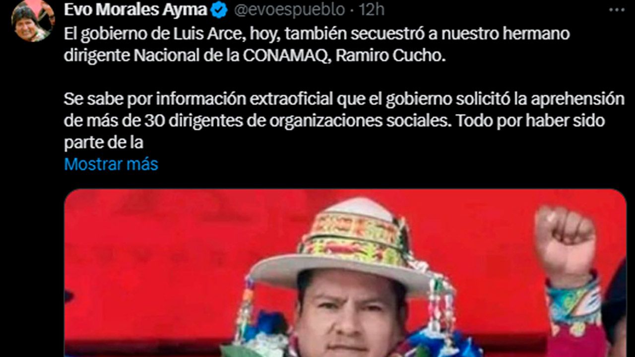Evo Morales denuncia "Plan de Escarmiento" del Gobierno tras aprehensión de Dirigentes Sociales