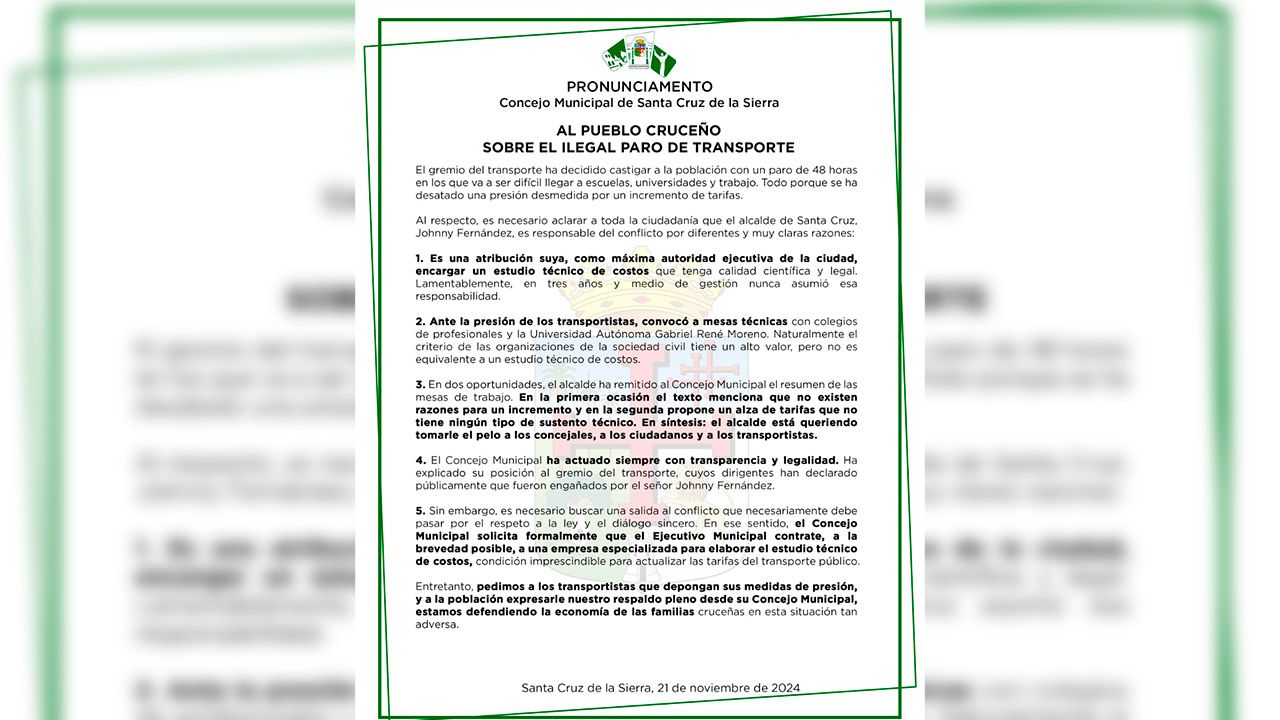 Concejo Municipal de Santa Cruz responsabiliza al alcalde por paro de transporte
