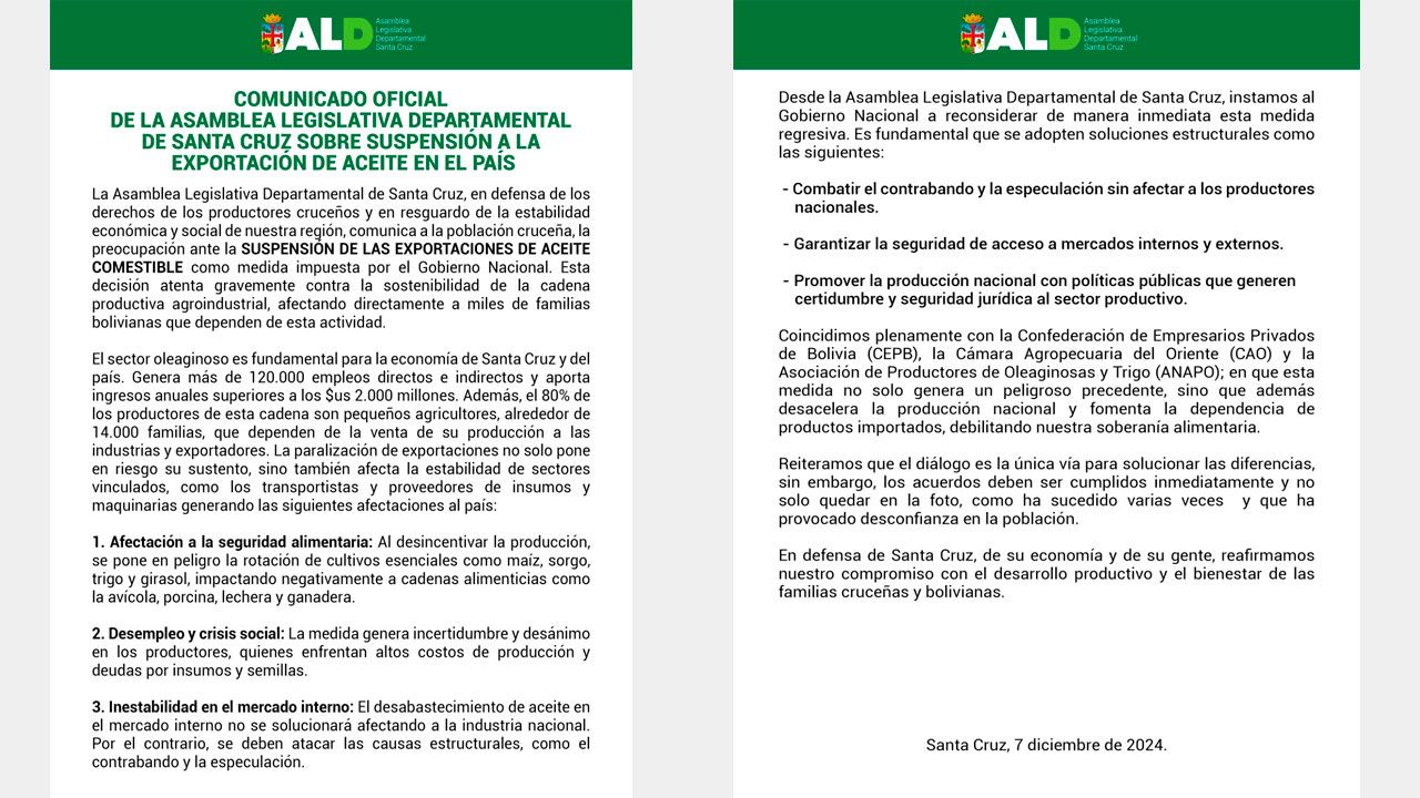 Productores cruceños rechazan veto a exportaciones de aceite y exigen soluciones al Gobierno 