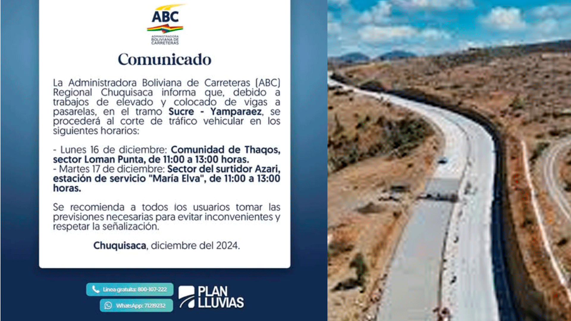 ABC anuncia cortes temporales en el tramo Sucre-Yamparáez 