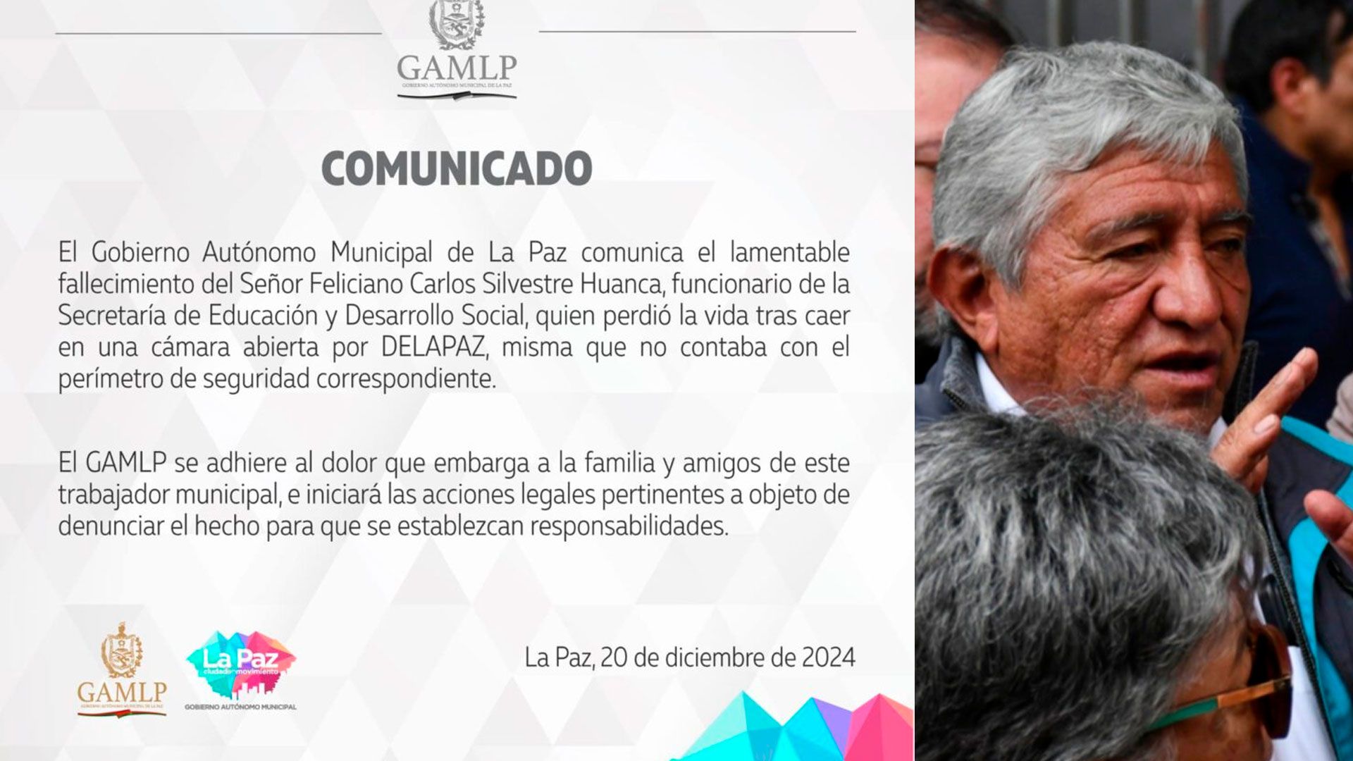 Funcionario no vidente fallece tras caer en cámara abierta en La Paz