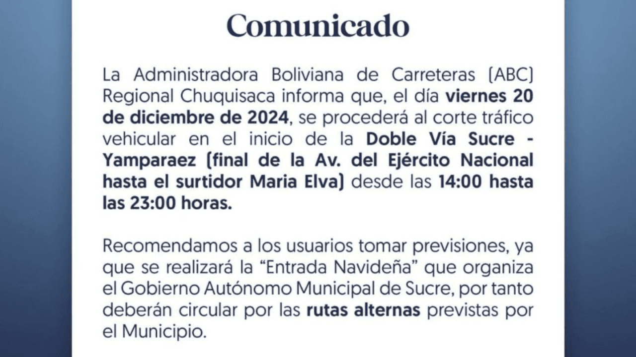 Corte de tráfico en la doble vía Sucre – Yamparaez por la «Entrada Navideña»
