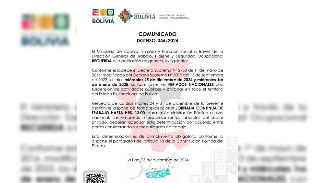 Ministerio de Trabajo establece jornada continua para días previos a fin de año