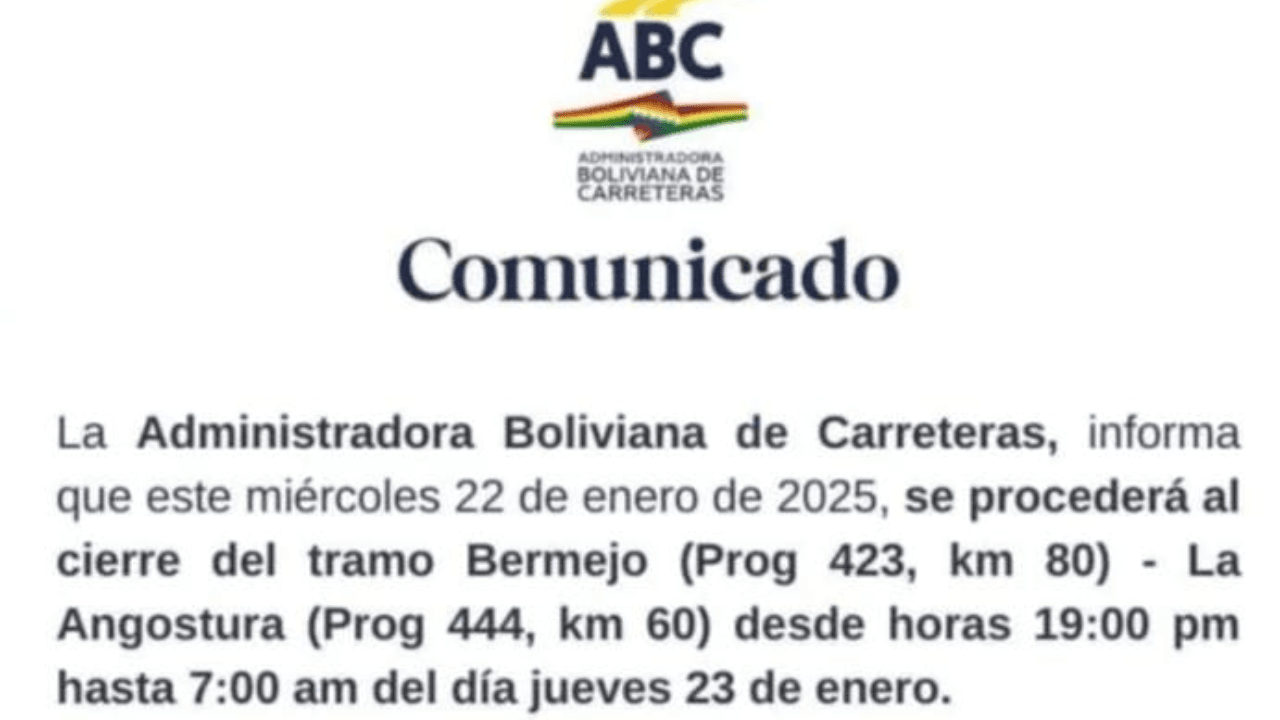 Cierre temporal de la carretera Bermejo - La Angostura