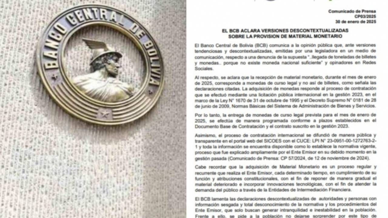 BCB rechaza denuncias de diputada Salazar y aclara que llegaron monedas licitadas en 2023 y no billetes