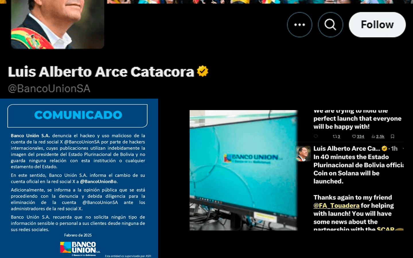 Banco Unión denuncia hackeo de su cuenta en X