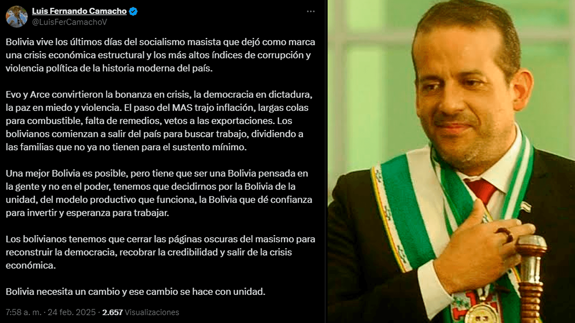 Camacho denuncia crisis económica estructural dejada por el MAS