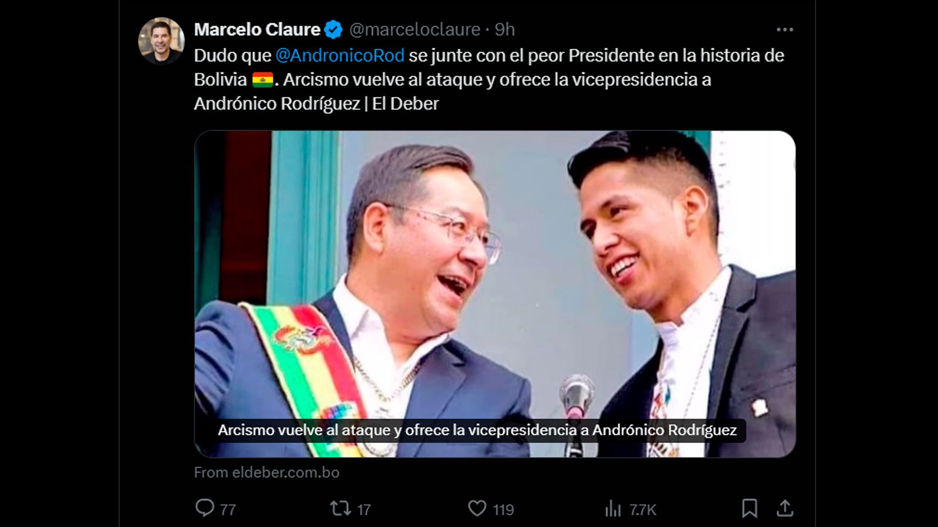 Claure duda sobre posibilidad de que Andrónico Rodríguez acompañe a Luis Arce en las elecciones
