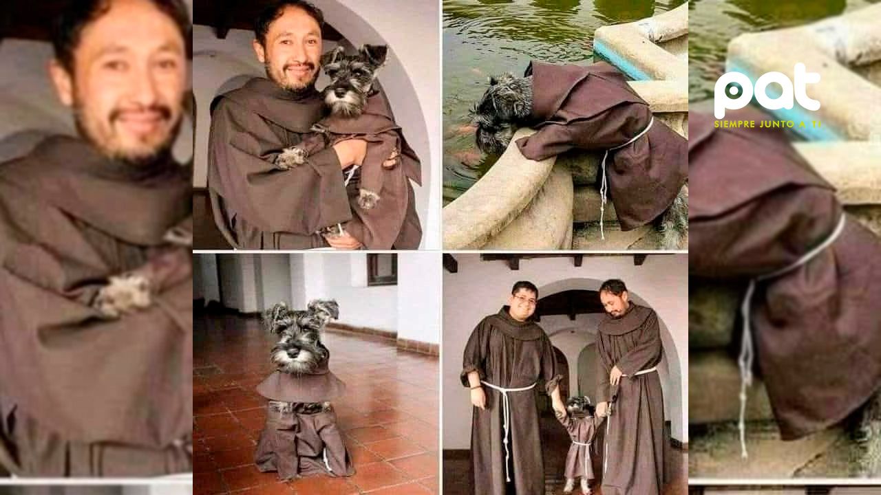 Perrito abandonado es adoptado por monjes franciscanos y ahora es "fray bigotes"
