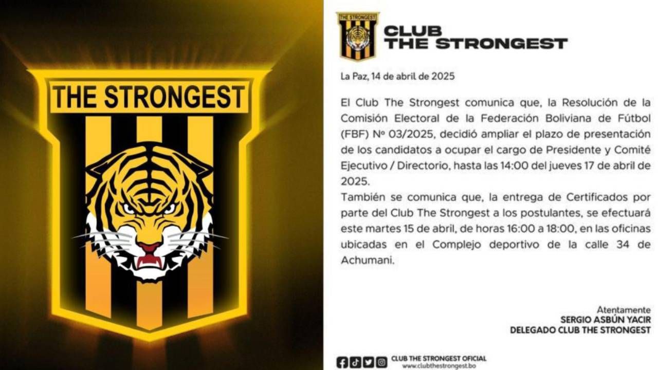 The Strongest: amplían plazo para inscripción de candidaturas hasta el jueves 17 de abril