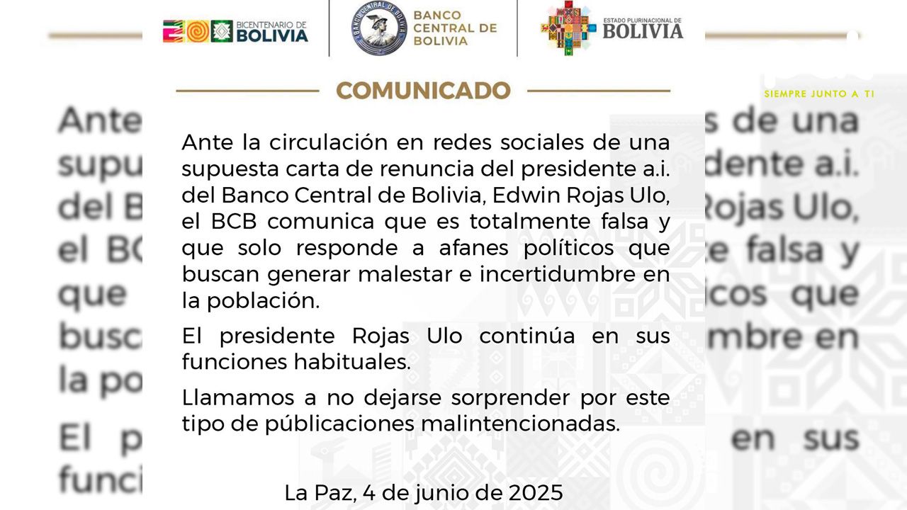 Banco Central de Bolivia desmiente renuncia de su presidente Edwin Rojas