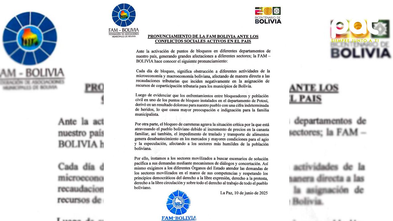 La FAM Bolivia exige solución pacífica ante los conflictos sociales y bloqueos en el país