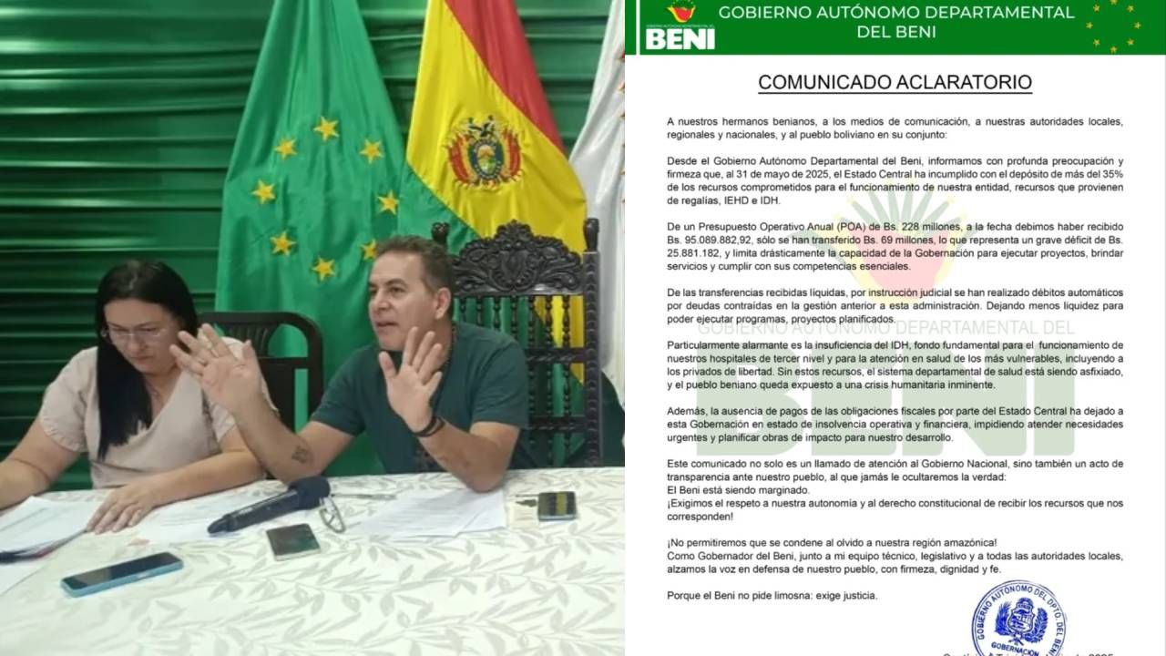 Gobernador del Beni plantea cabildo ante insolvencia: “Sólo tenemos Bs 31.000 para atender al departamento”