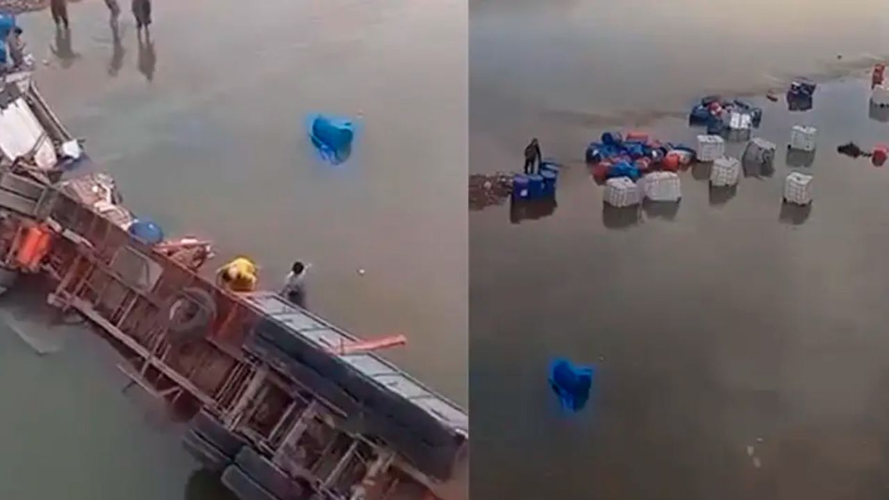 Tráiler cargado con bidones de aceite cae al río tras volcar en la carretera nueva Cochabamba – Santa Cruz