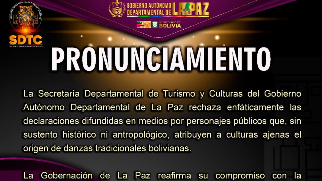 Gobernación de La Paz rechaza declaraciones de Mónica Ergueta sobre danzas bolivianas