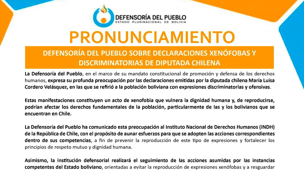 Defensoría del Pueblo rechaza expresiones xenófobas de diputada chilena y pide acciones para resguardar derechos
