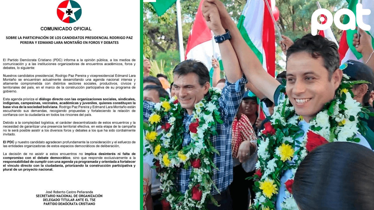 PDC anuncia que candidatos Rodrigo Paz y Edman Lara no participarán en debates ni foros