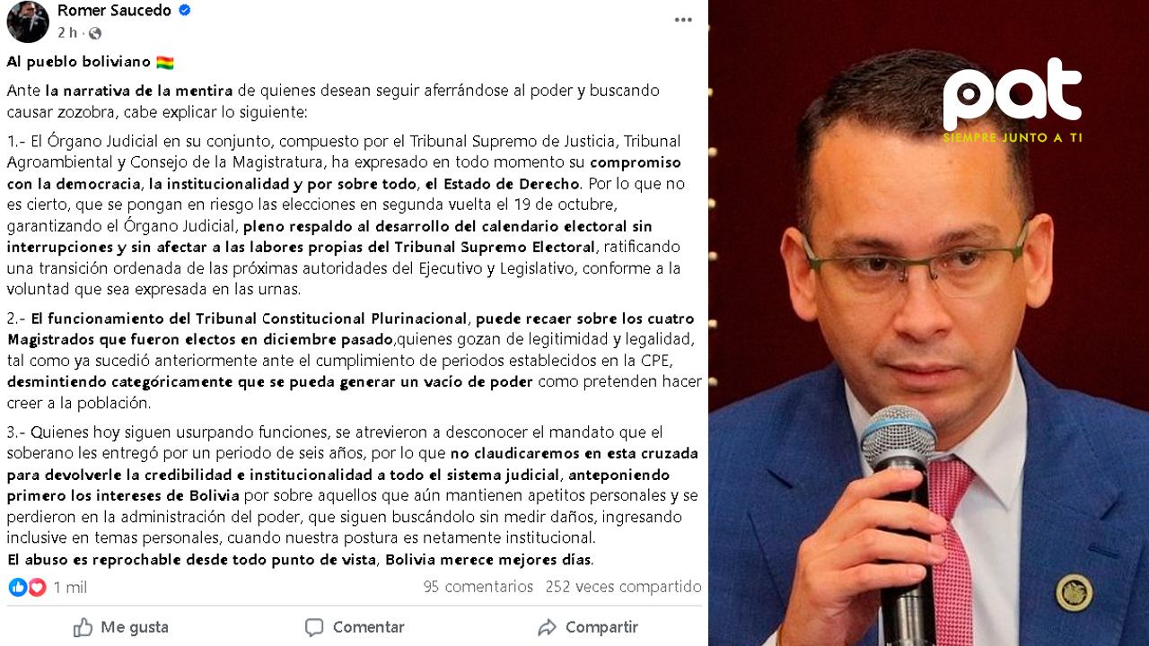 Romer Saucedo reafirma su respaldo a la segunda vuelta y denuncia “usurpación” en el Tribunal Constitucional
