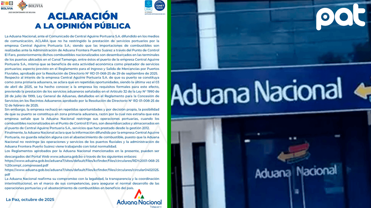 Aduana desmiente restricciones y aclara rol de Puerto Aguirre en combustible