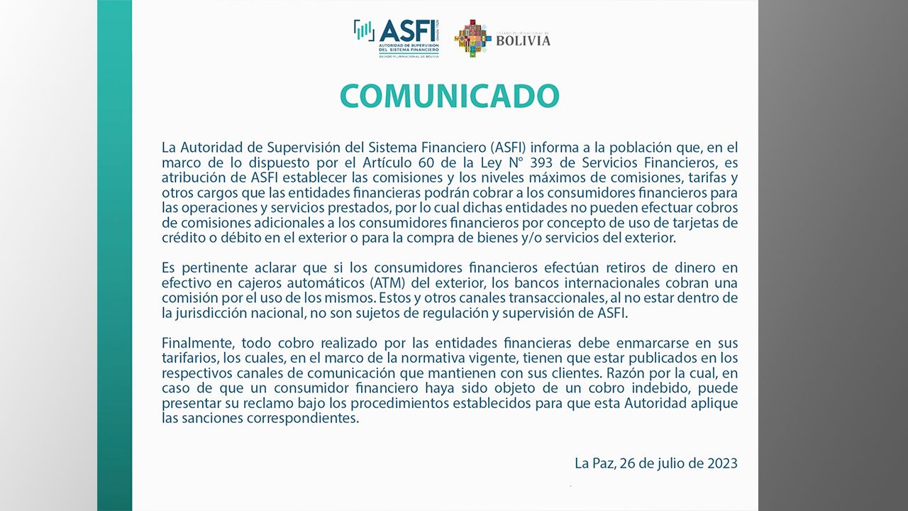 ASFI establece las comisiones y los  niveles máximos de comisiones,  tarifas y otros cargos 