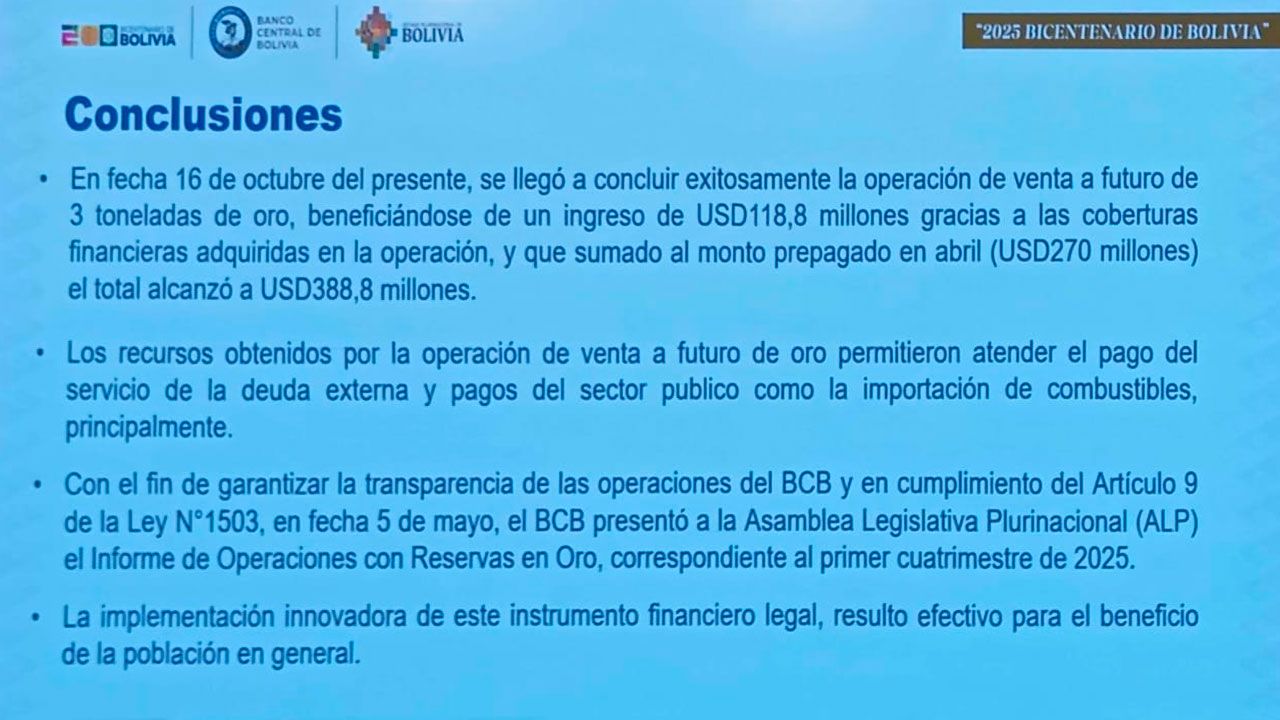 BCB confirma la venta de 3 toneladas de oro valuadas en 388,8 millones de dólares
