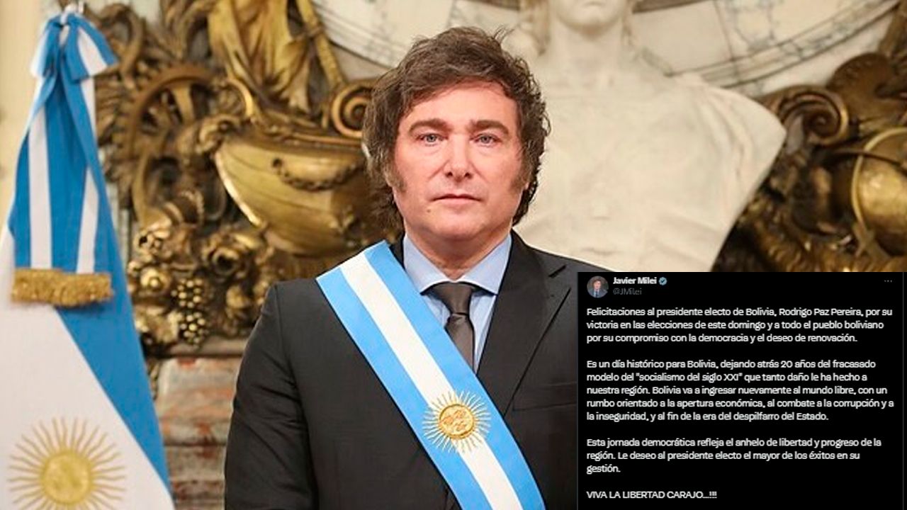 Javier Milei celebra la victoria de Rodrigo Paz y afirma que Bolivia “deja atrás el socialismo del siglo XXI”