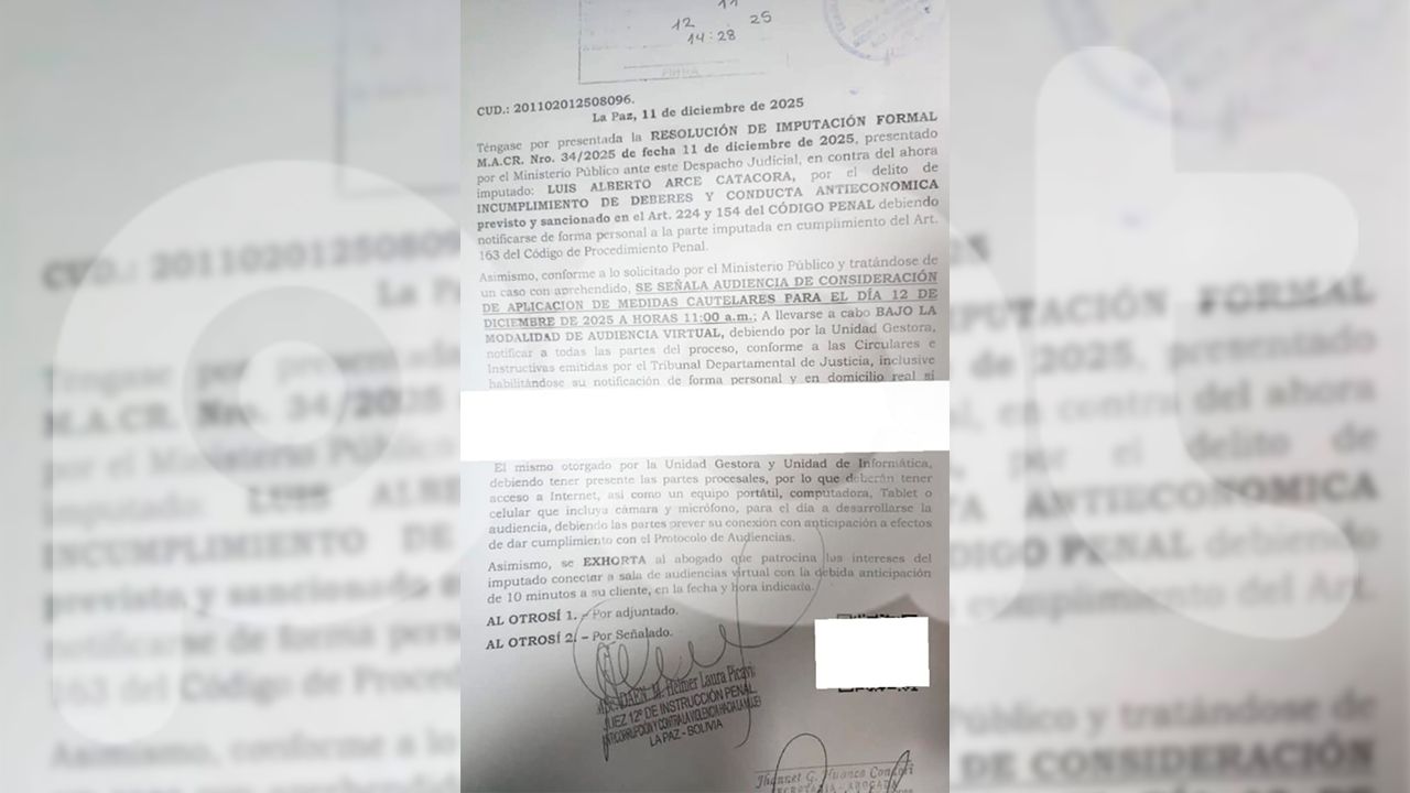 Fiscalía imputa formalmente a Luis Arce Catacora y fijan audiencia cautelar para este 12 de diciembre