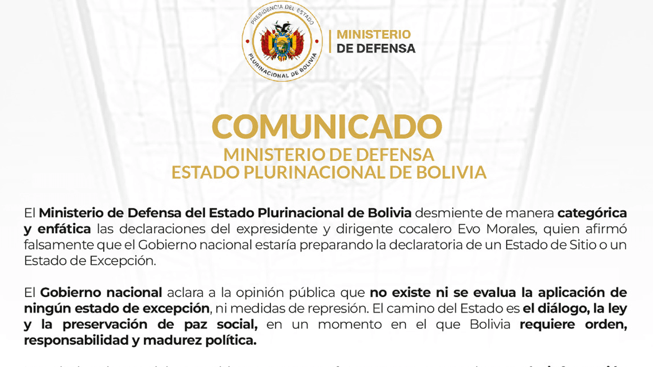 Defensa desmiente versión de Evo Morales sobre un supuesto estado de excepción