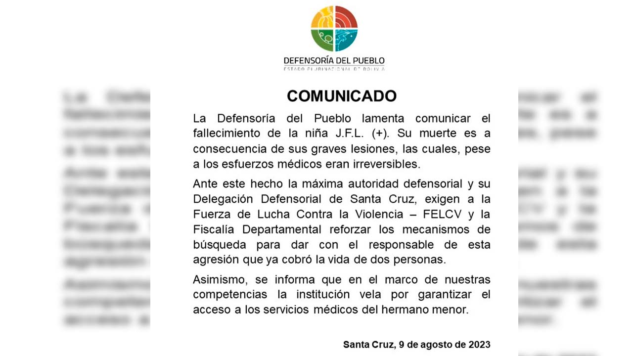 Defensoría del Pueblo se pronuncia sobre el fallecimiento de la menor quemada por su padre