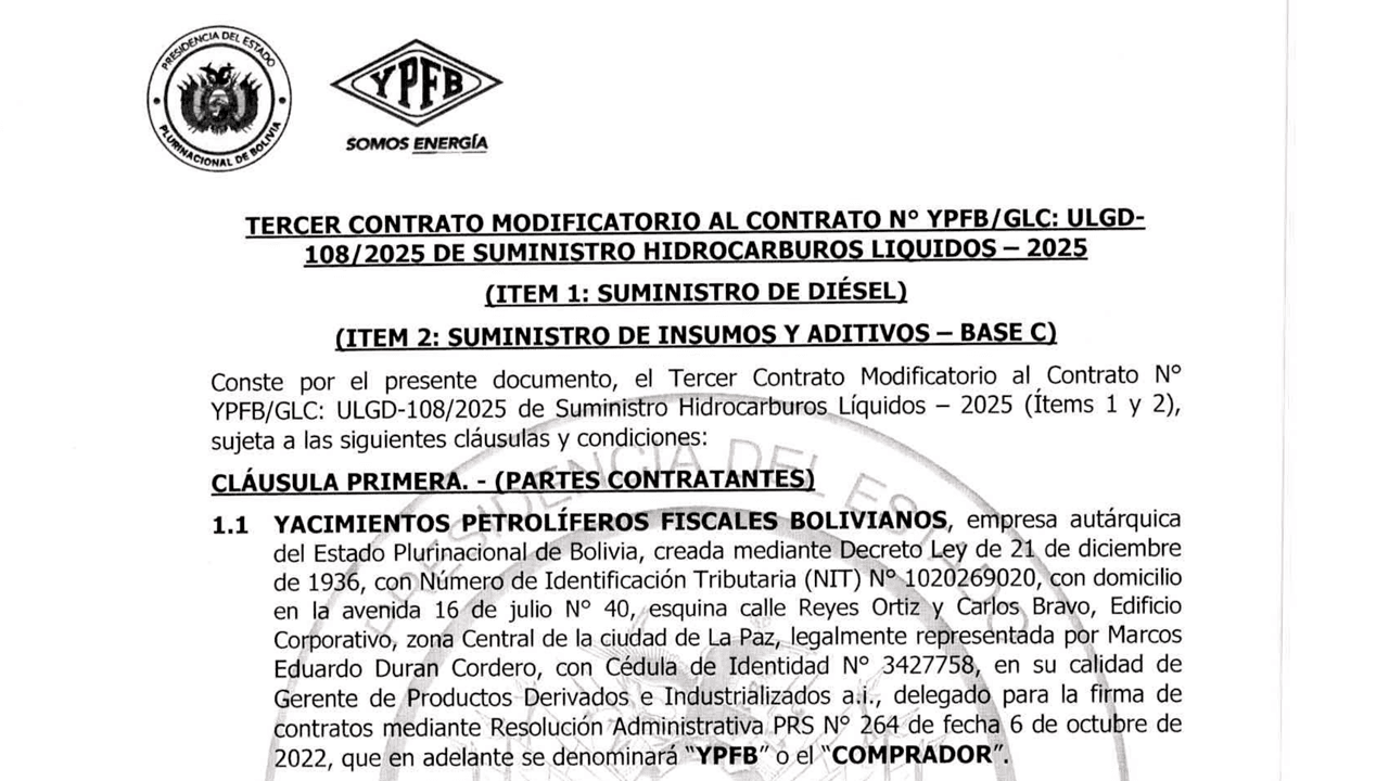 YPFB firma tercer contrato modificatorio para suministro de diésel con empresa internacional