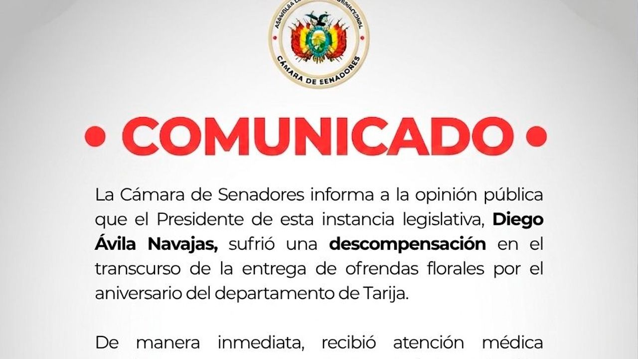 Presidente del Senado, Diego Ávila, sufre descompensación durante actos protocolares en Tarija
