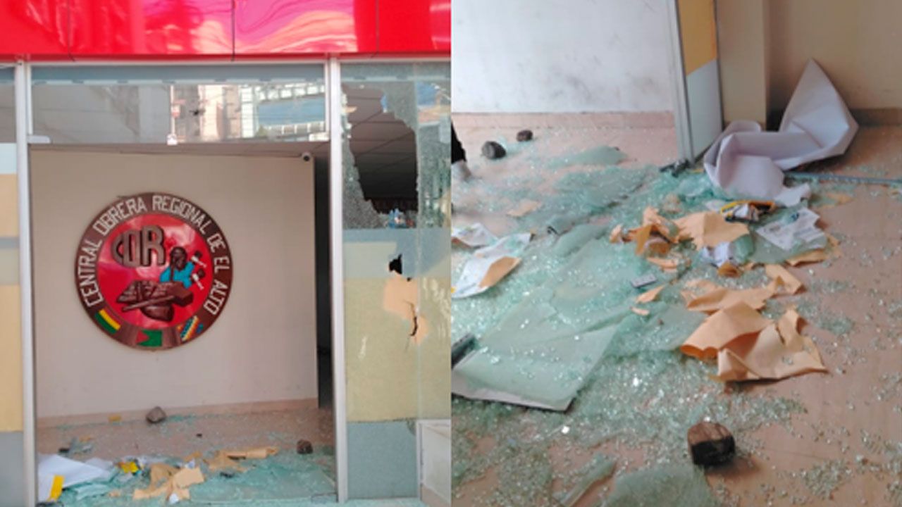Ataque a la sede de la COR en El Alto deja destrozos en puertas y ventanas
