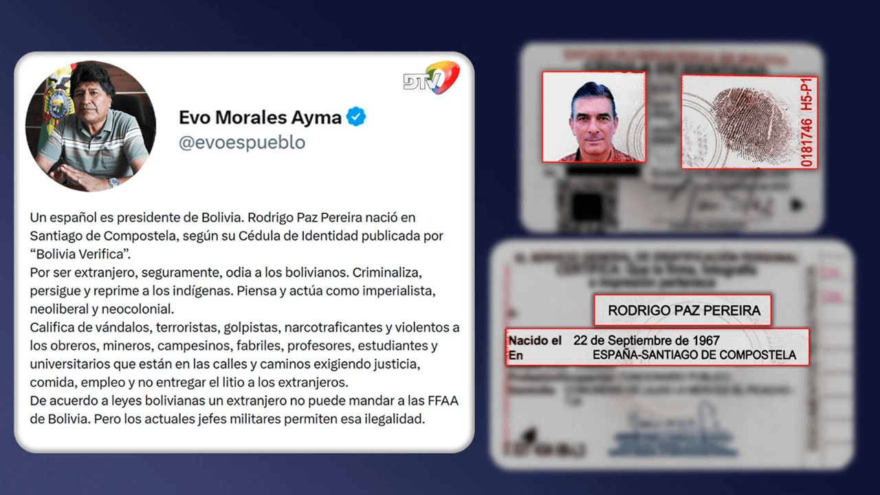 Evo Morales cuestiona nacionalidad de Rodrigo Paz y lanza críticas al Gobierno