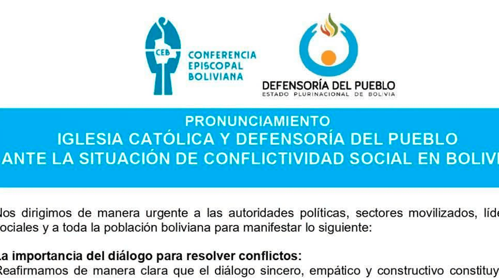 Iglesia Católica y Defensoría del Pueblo exhortan al diálogo ante la conflictividad social en Bolivia